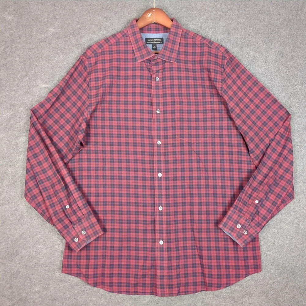 Banana Republic Mens Large Red Navy Plaid Stretch Soft Wash Standard Fit Shirt